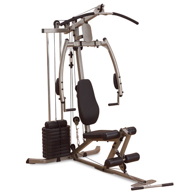 BEST FITNESS® Sportsman's Gym - Get a total body, muscle-building workout at home with this compact, versatile gym.  Features include upper and lower pulleys for dozens of exercises, padded arm press, wide-grip lat bar, narrow-grip, low-row bar and nylon-coated, aircraft-quality 2,200-pound cables, with fiberglass pulleys and ball bearing on solid axle rotation to ensure smooth movements and long-term durability.  Gym measures 78"H x 47"W x 64"L with 150lb weights stack.  Total weight of gym is 263lbs.